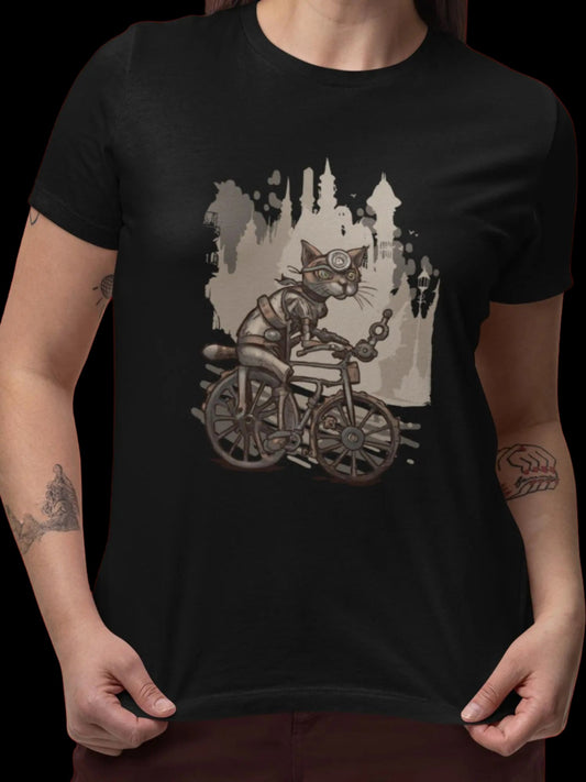 Bike Riding Steampunk Cat - Bicycle T-Shirt
