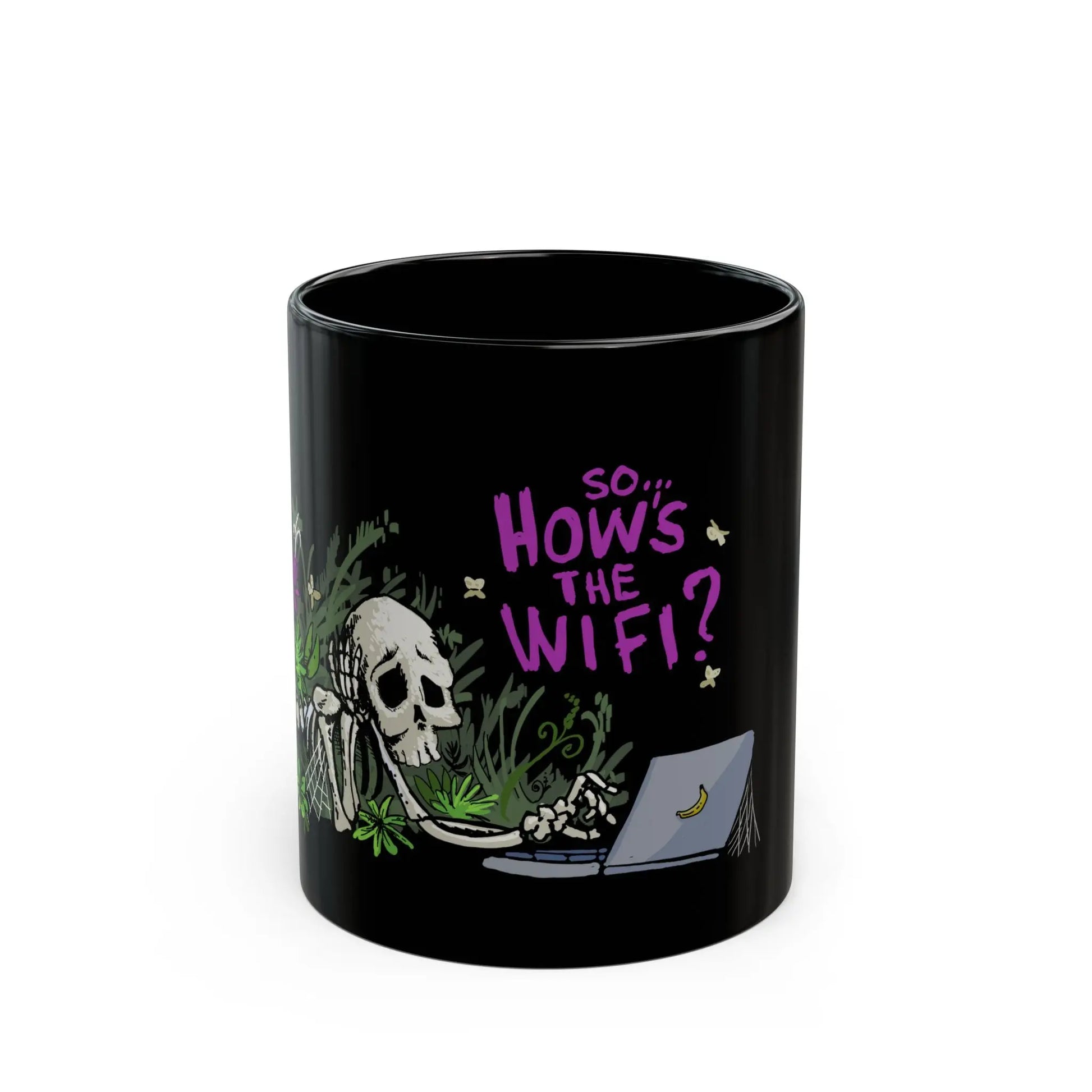 A Black Mug of a Skeleton Waiting for the Slow Public Wi-Fi