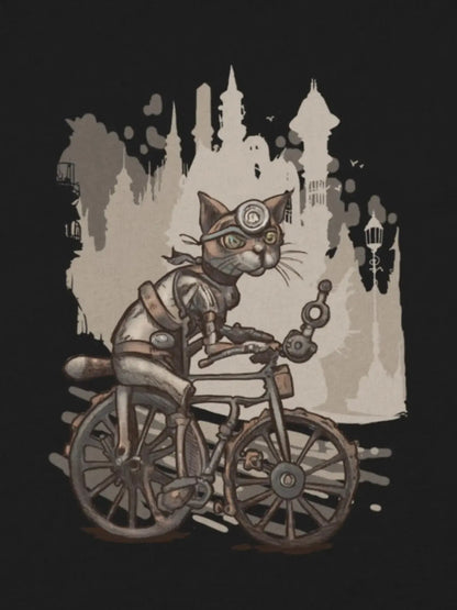Bike Riding Steampunk Cat - Bicycle T-Shirt