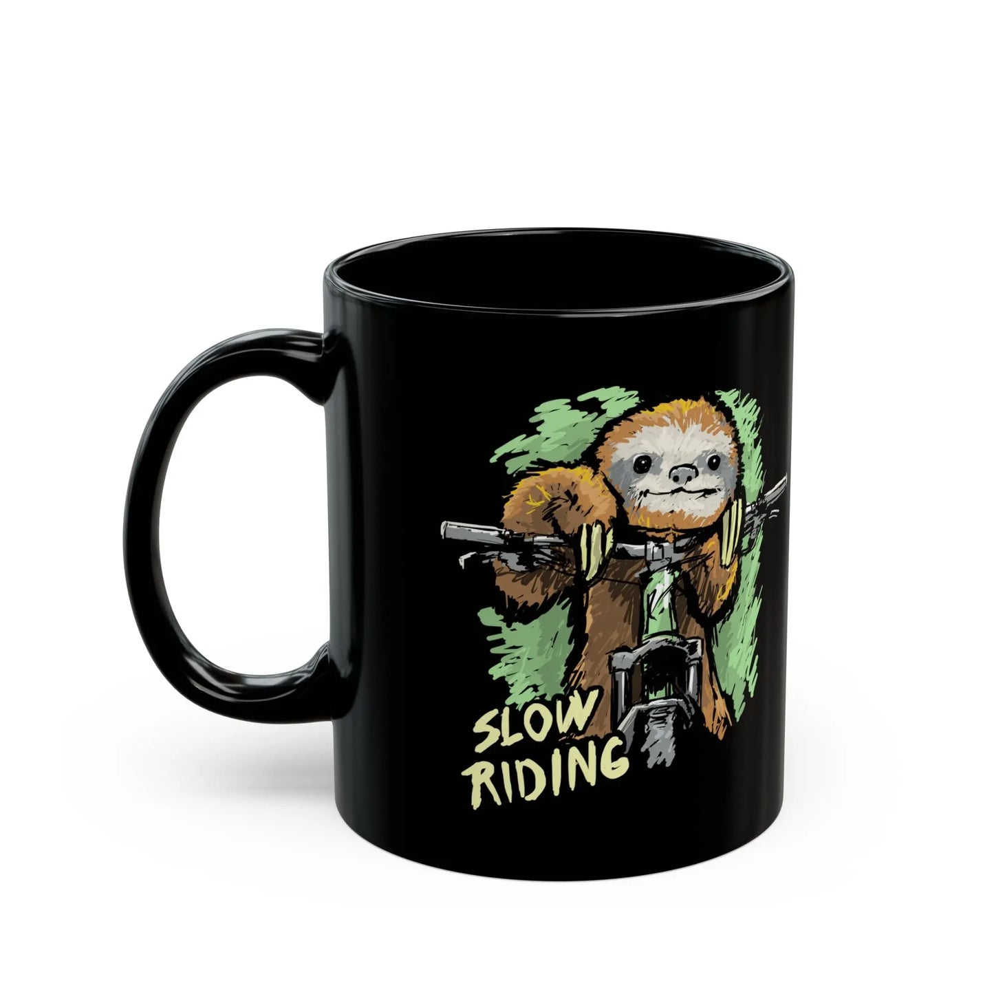 Slow-Riding Sloth on a Mountain Bike Black Mug